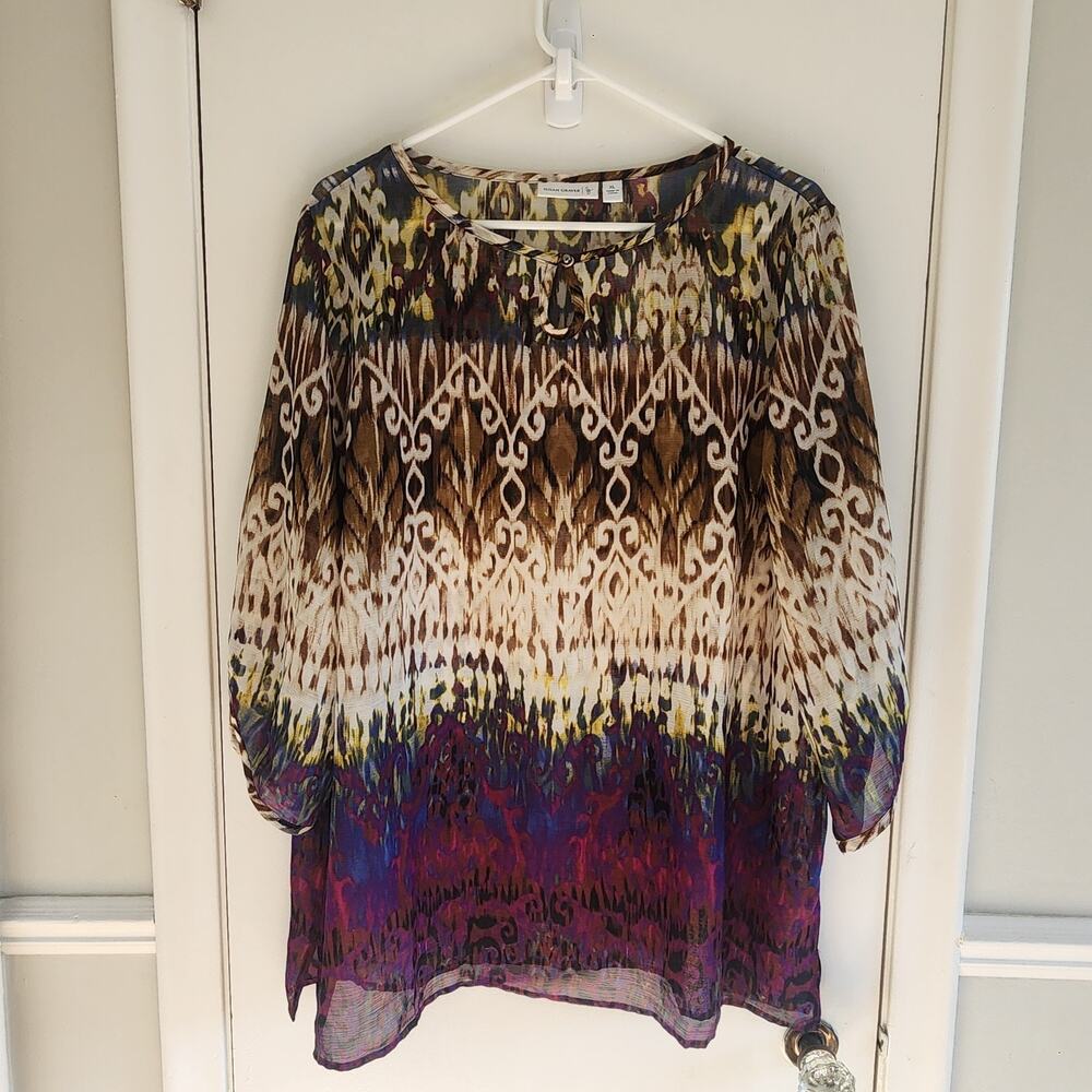 Susan Graver XL Top Brown Purple Ikat Boho Print Embellished Blouse Shirt Tunic